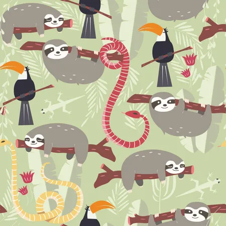 Seamless pattern with cute rain forest animals, toucan, snake, sloth  Illustration