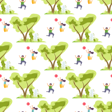 Seamless Pattern with Happy Children and Trees Illustration
