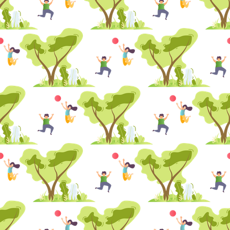 Seamless Pattern with Happy Children and Trees  Illustration