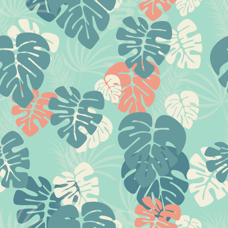 Seamless pattern with monstera palm leaves and plants on blue background Illustration