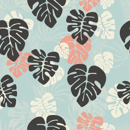 Seamless pattern with monstera palm leaves and plants on dark background Illustration
