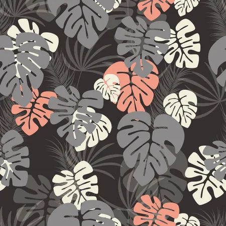 Seamless pattern with monstera palm leaves and plants on dark background  Illustration