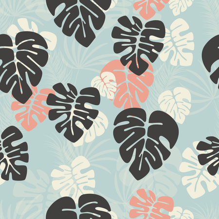 Seamless pattern with monstera palm leaves and plants on dark background  Illustration