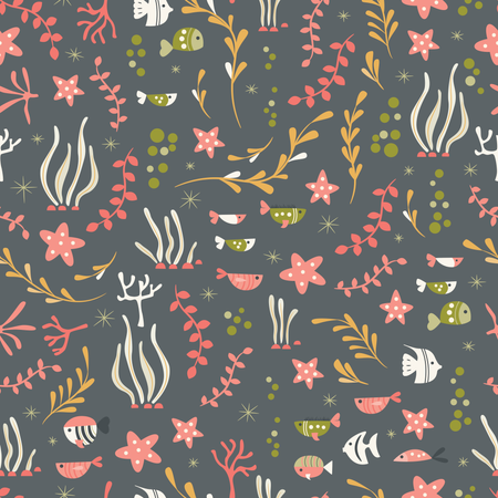 Seamless pattern with underwater ocean animals, cute fish and plants Illustration