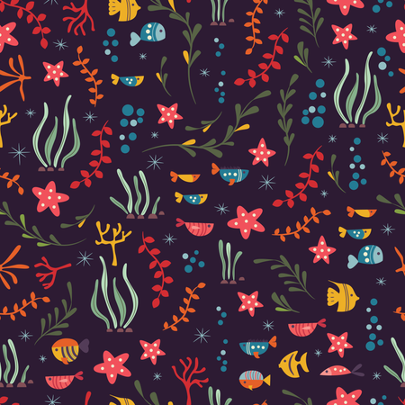 Seamless pattern with underwater ocean animals, cute fish and plants  Illustration