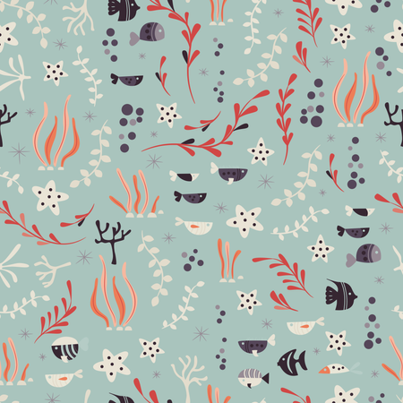 Seamless pattern with underwater ocean animals, cute fish and plants  Illustration
