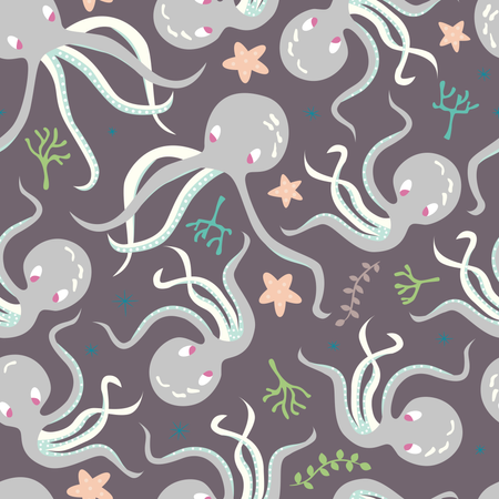 Seamless pattern with underwater ocean animals, cute octopus and starfish  Illustration