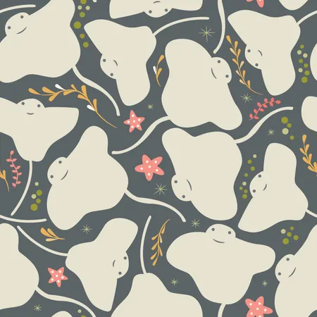 Seamless pattern with underwater ocean animals, cute stingray and starfish  Illustration
