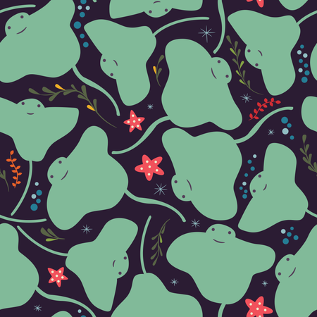 Seamless pattern with underwater ocean animals, cute stingray and starfish Illustration