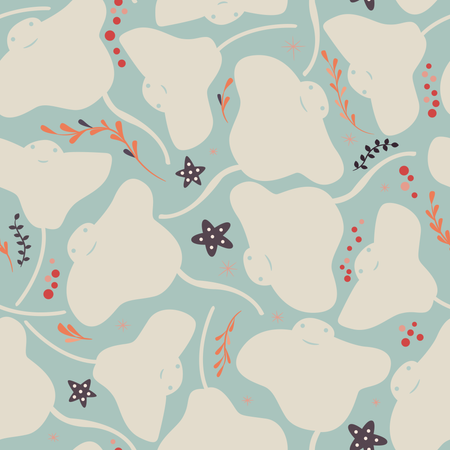 Seamless pattern with underwater ocean animals, cute stingray and starfish  Illustration