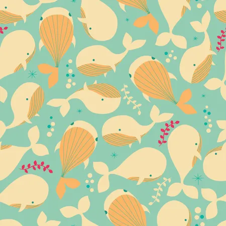 Seamless pattern with underwater ocean animals, cute whales  Illustration