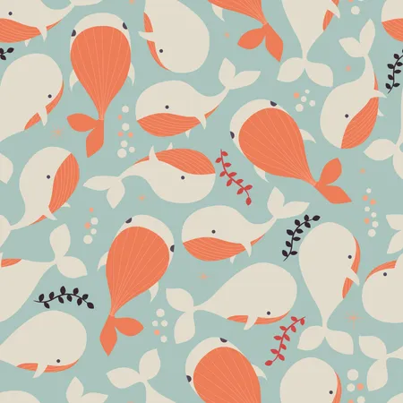 Seamless pattern with underwater ocean animals, cute whales Illustration