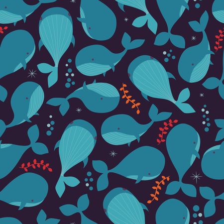 Seamless pattern with underwater ocean animals, cute whales Illustration