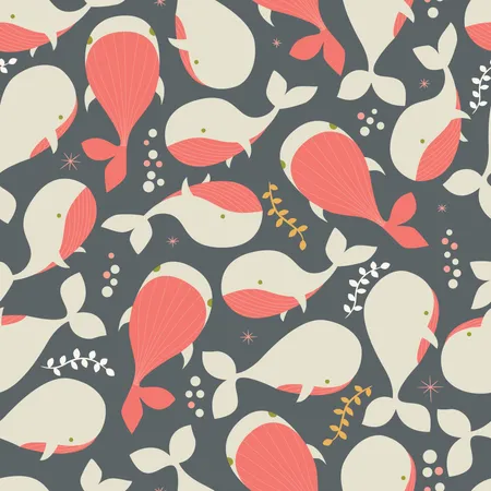 Seamless pattern with underwater ocean animals, cute whales  Illustration