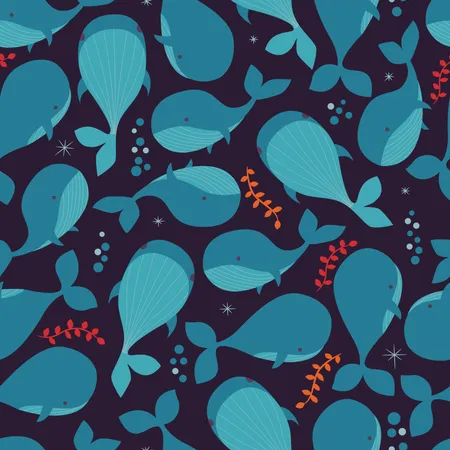 Seamless pattern with underwater ocean animals, cute whales  Illustration