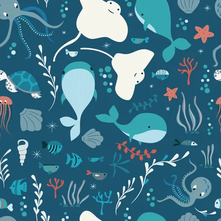 Seamless pattern with underwater ocean animals, whale, octopus, stingray, jellyfish Illustration