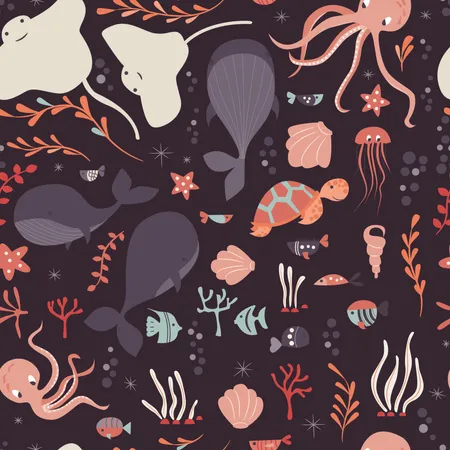 Seamless pattern with underwater ocean animals, whale, octopus, stingray, jellyfish  Illustration