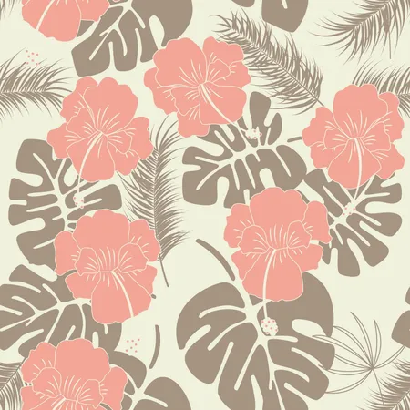 Seamless tropical pattern with monstera leaves and flowers on vanilla background  Illustration