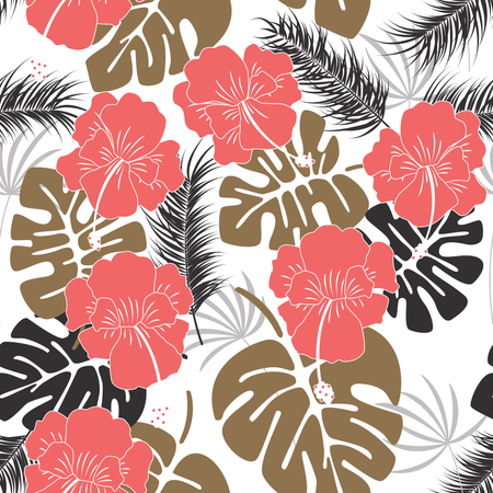 Seamless tropical pattern with monstera leaves and flowers on white background  Illustration