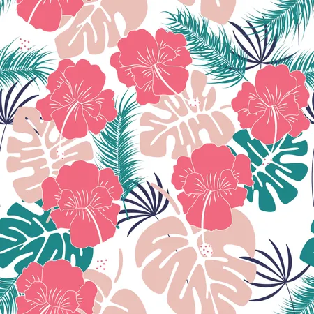 Seamless tropical pattern with monstera leaves and flowers on white background  Illustration