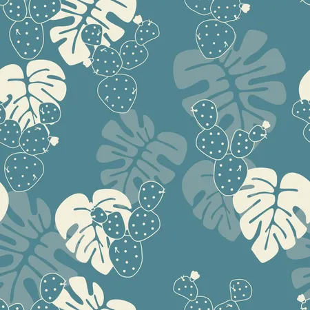Seamless tropical pattern with monstera palm leaves, and cactus on blue background Illustration