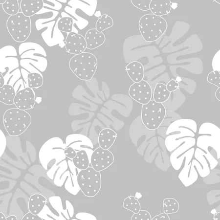 Seamless tropical pattern with monstera palm leaves, and cactus on gray background Illustration