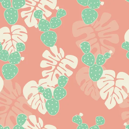 Seamless tropical pattern with monstera palm leaves, and cactus on pink background Illustration