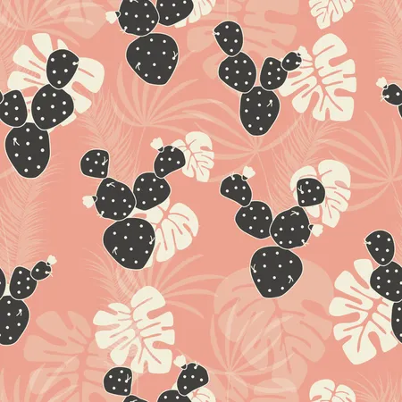 Seamless tropical pattern with monstera palm leaves and cactus on pink background Illustration