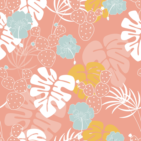 Seamless tropical pattern with monstera palm leaves, plants, flowers and cactus on pink background Illustration