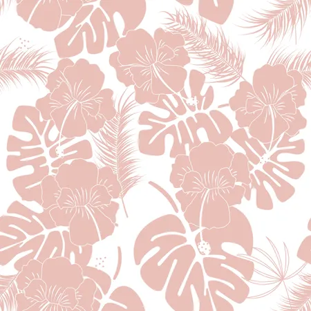Seamless tropical pattern with pink monstera leaves and flowers on white background  Illustration