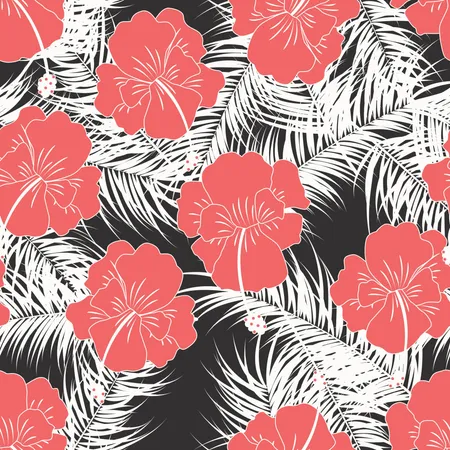 Seamless tropical pattern with white leaves and red flowers on white background  Illustration