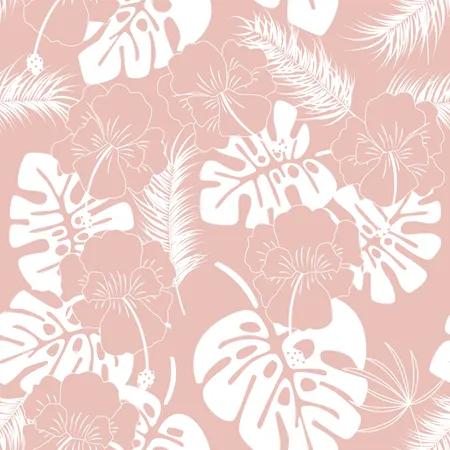 Seamless tropical pattern with white monstera leaves and flowers on pink background  Illustration