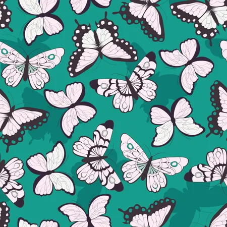 Seamless vector pattern with hand drawn colorful butterflies, green background  Illustration