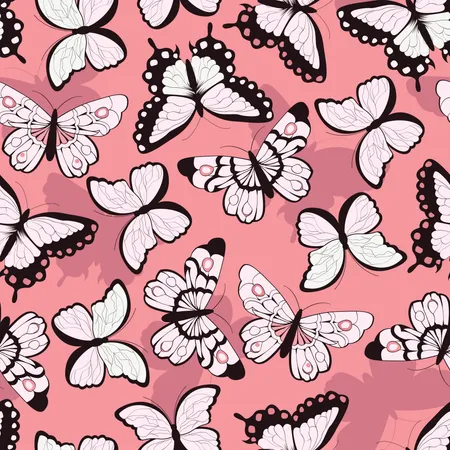 Seamless vector pattern with hand drawn colorful butterflies, pink background Illustration