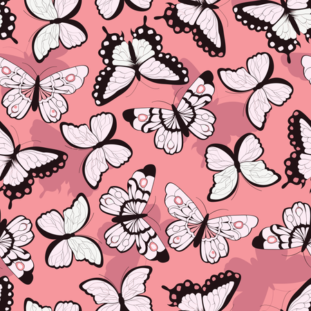 Seamless vector pattern with hand drawn colorful butterflies, pink background  Illustration
