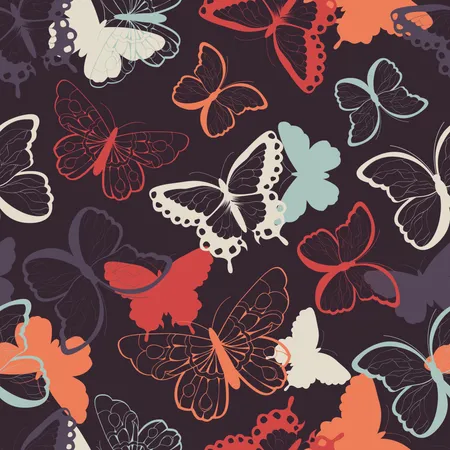 Seamless vector pattern with hand drawn colorful butterflies, silhouette vibrant  Illustration