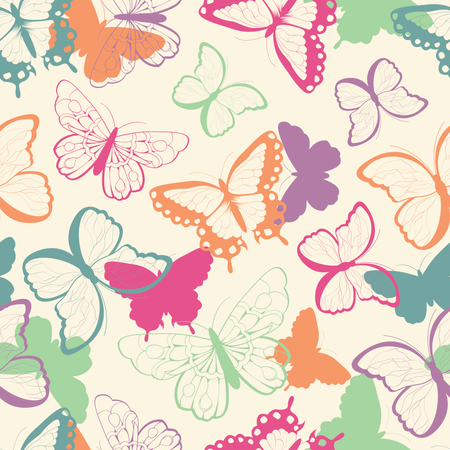 Seamless vector pattern with hand drawn colorful butterflies, silhouette vibrant  Illustration