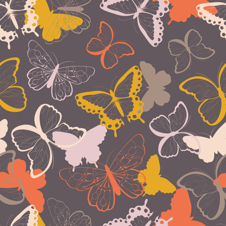 Seamless vector pattern with hand drawn colorful butterflies, silhouette vibrant  Illustration