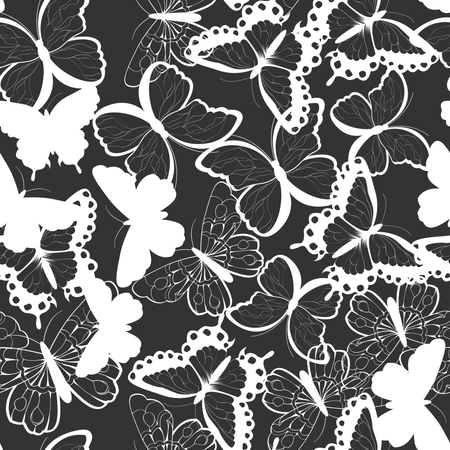Seamless vector pattern with hand drawn silhouette butterflies, black and white Illustration
