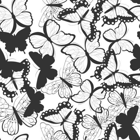 Seamless vector pattern with hand drawn silhouette butterflies, black and white  Illustration