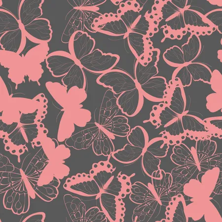 手描きのシルエット蝶、ピンクとグレーのシームレスなベクター パターン  イラスト