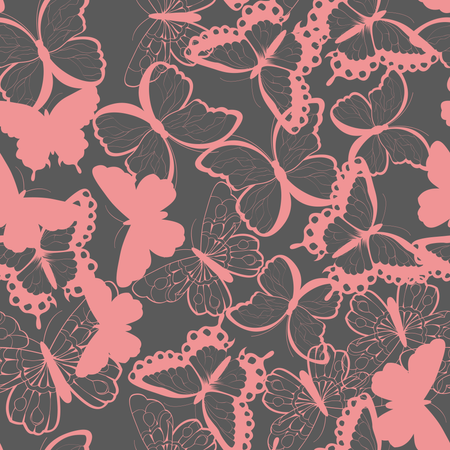 Seamless vector pattern with hand drawn silhouette butterflies, pink and gray  Illustration