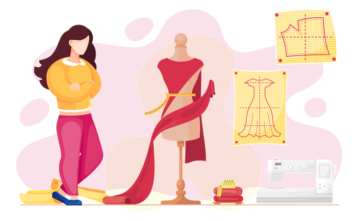 Seamstress sews clothes to order for customers  Illustration