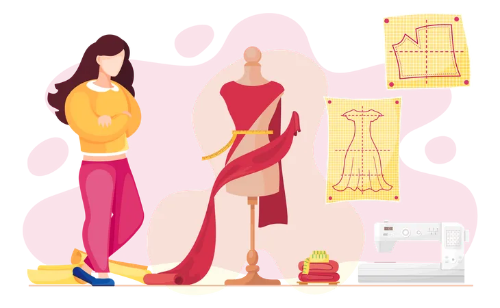 Seamstress sews clothes to order for customers  Illustration