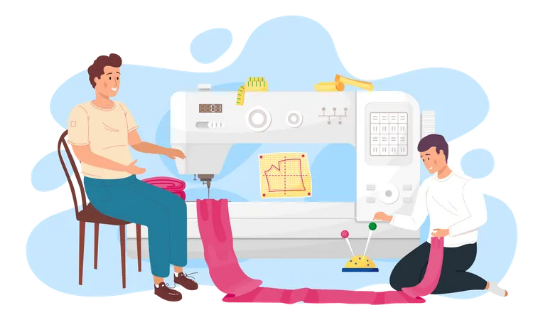 Seamstresses work with big sewing machine Illustration