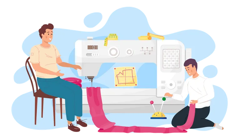 Seamstresses work with big sewing machine  Illustration