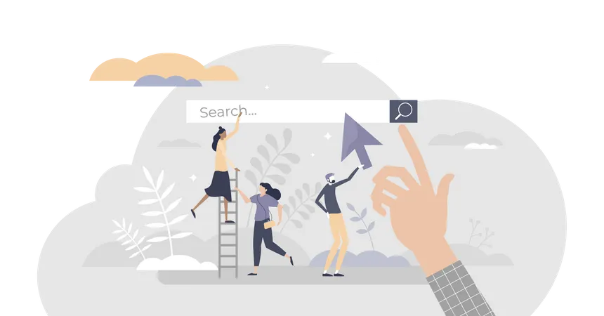 Search Engine As Web Browser Tool To Find Information Tiny Person Concept Looking Up For Data In Online Website Contents Vector Illustration Internet Site Service For Info Research And Visualization 일러스트레이션