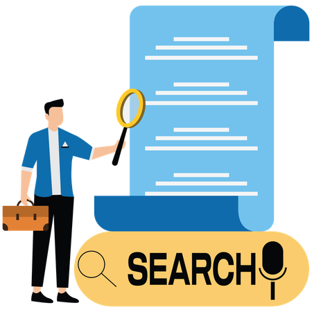 Search engine bar with businessman hold magnifying glasses surfing internet  Illustration