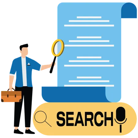 Search engine bar with businessman hold magnifying glasses surfing internet  Illustration