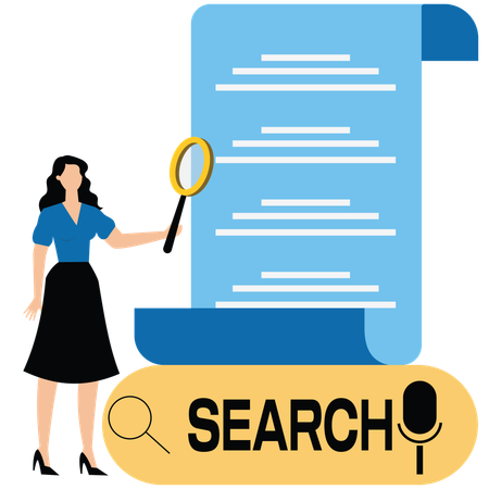 Search engine bar with businesswoman hold magnifying glasses surfing internet  Illustration